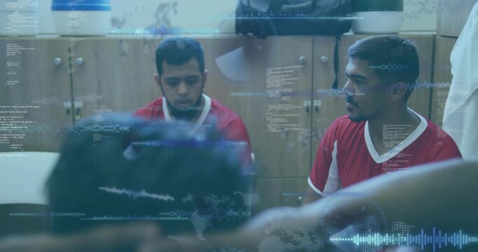 Sports team sitting lockerroom, front shifting causing drifting code,waveform overlay in debriefing