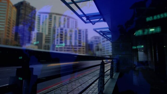 Covered walkway running along road, starting frame two blue overlays drifting over railing for tech