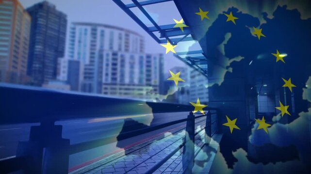 Pedestrian shifting by railing, Europe map appearing right beside, stars moving inward for news