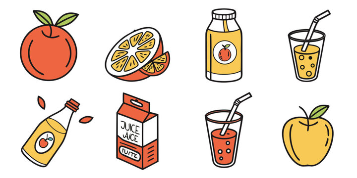 a collection of peach juice and fruit Vector