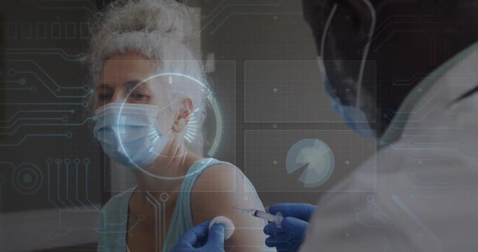 Patient woman receiving vaccine while clinician swabbing then inserting syringe as HUD overlaying