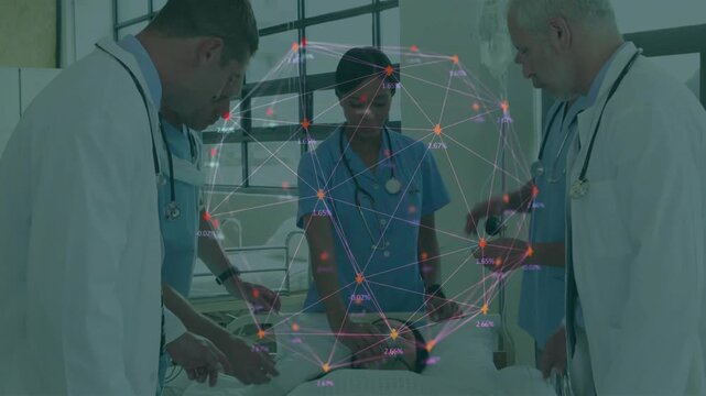 On cardiac arrest nurse performing CPR while health team prepping pads, network orb guiding hands