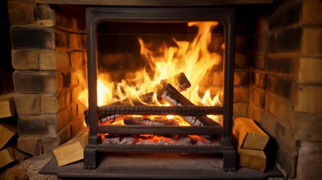 Warm fireplace with burning logs in a brick hearth at home
