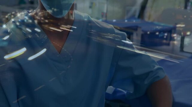 Medical nurse leaning on bed camera pan revealing masked face preparing care city lights overlaying