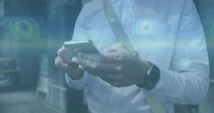 Man tapping smartphone on sidewalk shifting grip and activating blue HUD overlays for tech demo