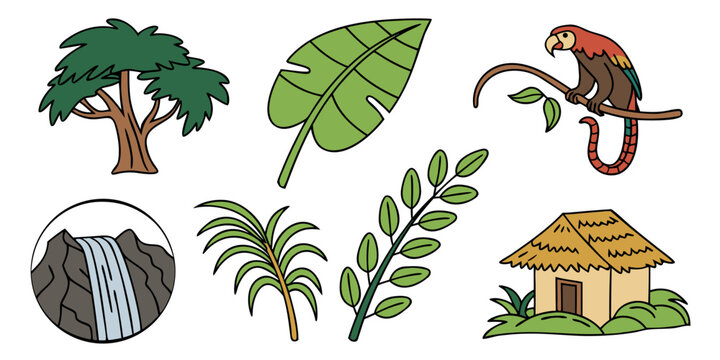 a collection of jungle icons including a tree and a hut Vector