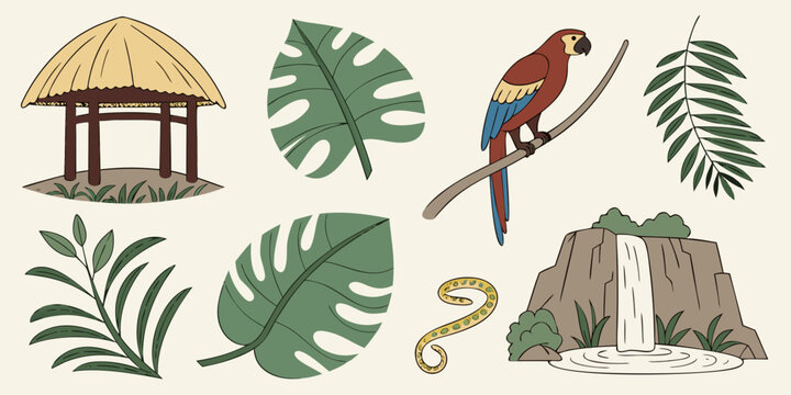 a colorful parrot perched on a branch with tropical leaves and hut Vector