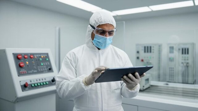 Man in white lab suit and mask holding a tablet in a laboratory setting with machinery