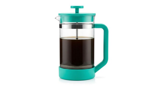 Teal French Press Coffee Maker with Freshly Brewed Coffee
