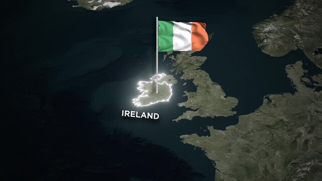Ireland Border Map Animation with 3D Waving Ireland National Flag on World Map