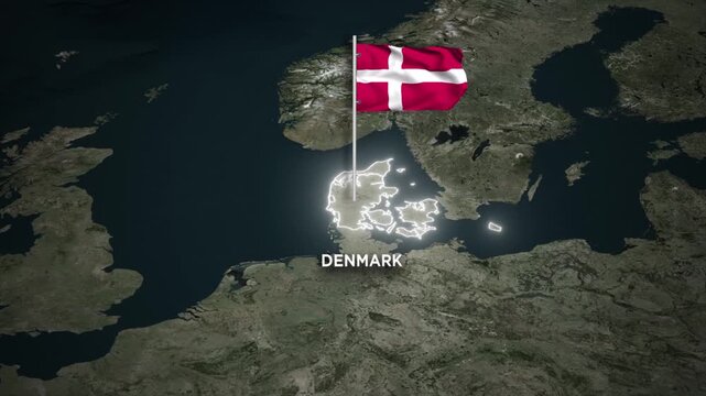 Denmark Map Animation with 3D Waving of Denmark National Flag on World Map