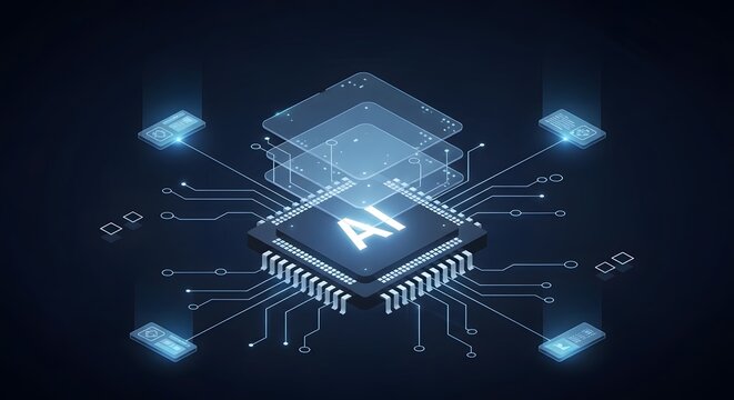 Artificial Intelligence CPU Advanced AI central processing unit with digital interface screens. Concept for neural networks, deep learning, and the future of auton