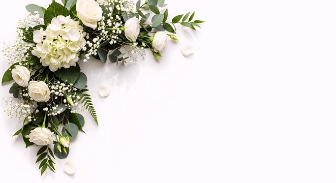 A beautiful arrangement of white flowers and greenery, perfect for a wedding or special occasion.