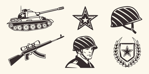 Obraz premium military symbols including tank and soldier Vector
