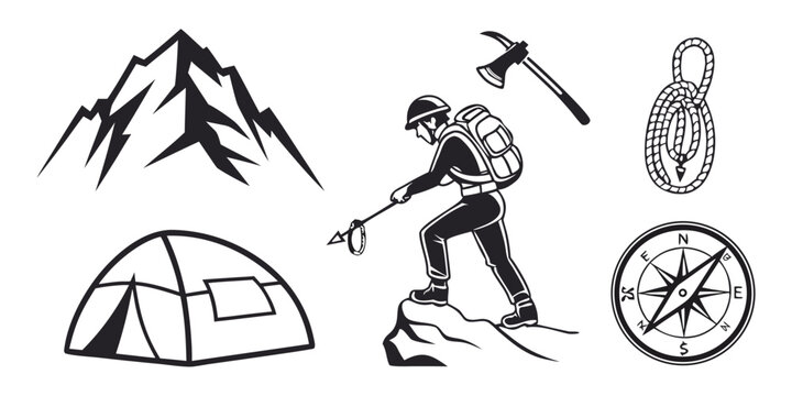 a man hiking on a mountain with camping gear Vector