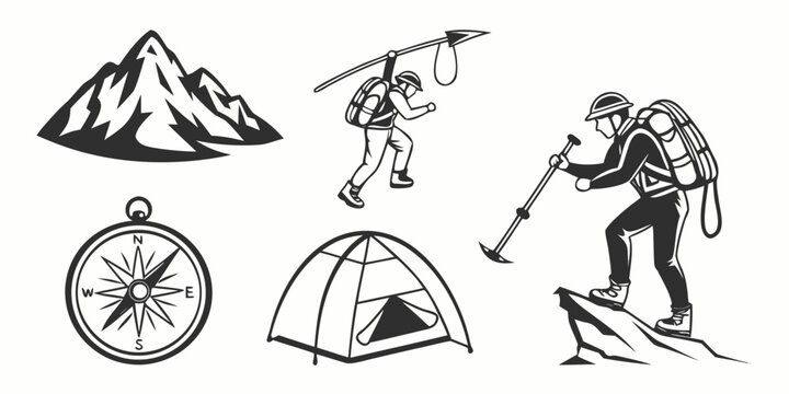 hiking and camping icons with mountain and compass Vector