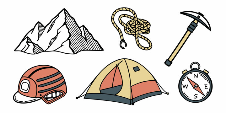 climbing and hiking equipment icons Vector