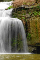Obraz premium Silky waterfall in lush forest with mossy rocks and flowing stream, long exposure nature landscape