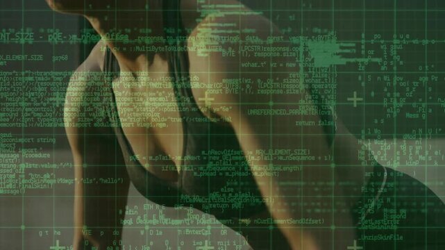 Woman gripping metal bar and initiating push, green HUD analyzing muscle data for fitness