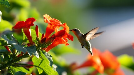 Fototapeta premium Hummingbird Hovering Near Cluster of Bright Red Trumpet Flowers