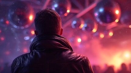 Naklejka premium Person Watching DJ Performance with Colorful Lights and Disco Balls
