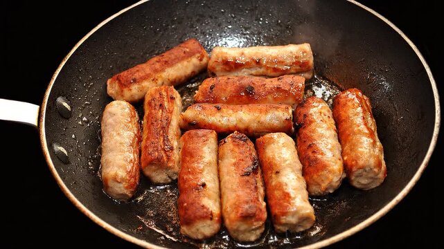 American breakfast sausage cooking in a black skillet, top view, mp4 video. AI