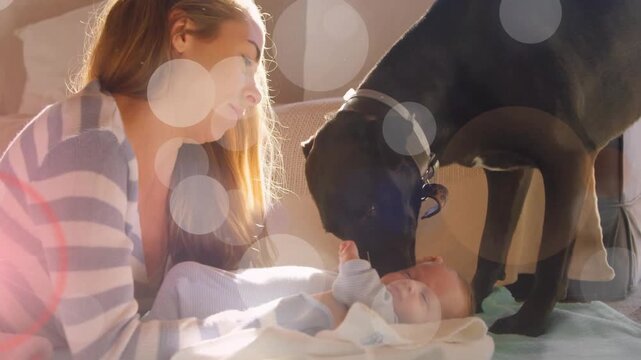 Mom leaning over baby on sofa, dog coming and gently nuzzling baby, bokeh floating over parenting