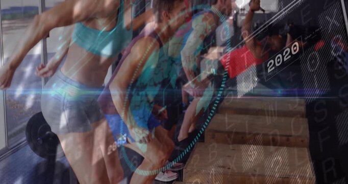 HUD appearing, group shifting into squats then driving onto plyo boxes, tracking decade progress
