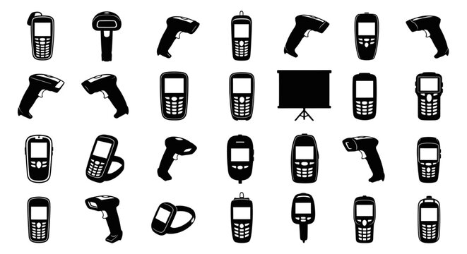 Collection of various handheld electronic devices and scanners on white background for business and technology concepts