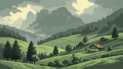 Serene Alpine Valley with Traditional Chalets and Majestic Mountain Peaks Digital Illustration © SABIHA