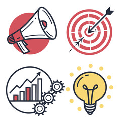 Set of business icons: megaphone, target, graph, lightbulb, hand drawn, flat design, target audience
