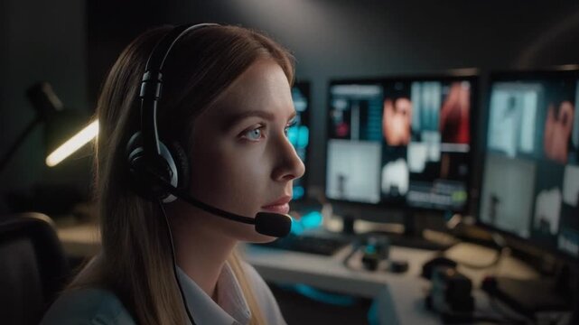 Female security guard wearing headset monitoring multiple screens in control room at night