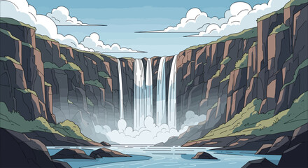 Vast waterfall cascades into a serene river valley, flanked by rocky cliffs © Win