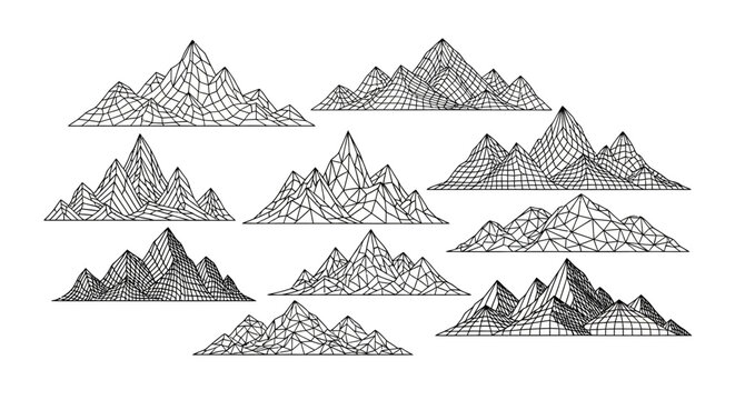 Set of black and white mountain ranges with grid lines on white background various shapes and sizes wireframe style landscape elements