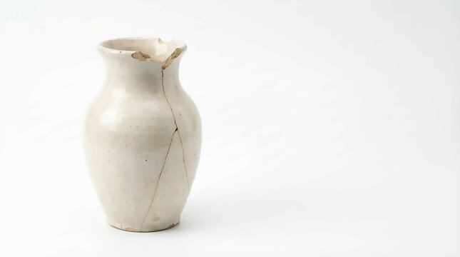 Cracked White Ceramic Vase with Kintsugi Repair Lines on White Background