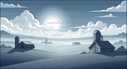 A serene blue farm landscape with rolling fields and barns under a cloudy sky © Win