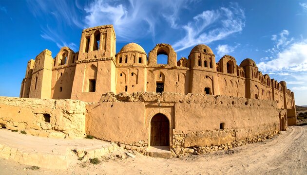 Ancient mud brick building with domed tops under a vibrant sky in a desert landscape