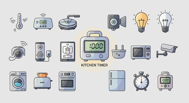 Collection of kitchen and home appliances, digital timers, and security devices