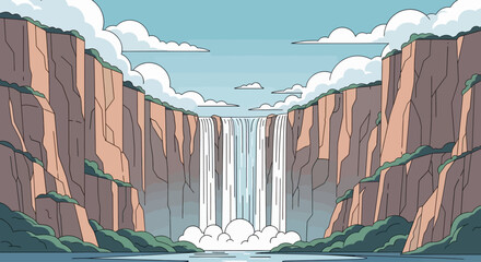 Wide, majestic waterfall cascades down a cliff face into a calm blue lake © Win