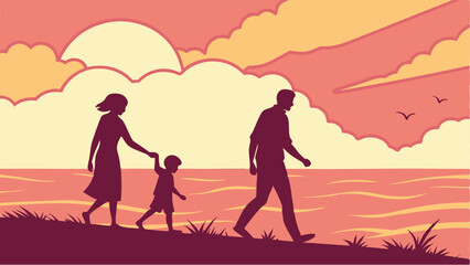 Fototapeta premium Silhouette of a family with a child walking on a beach at sunset happy family scene