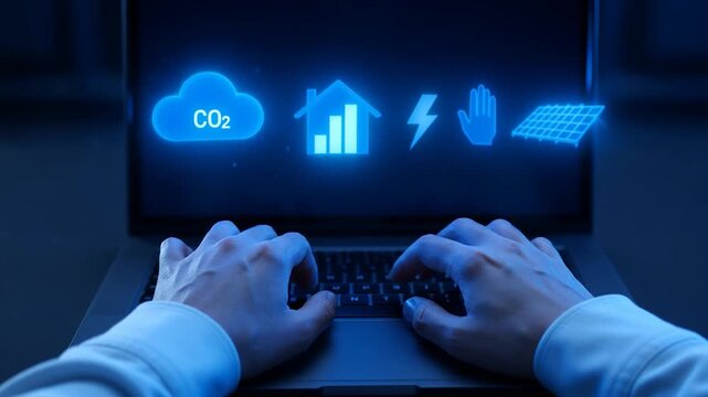 Hands on laptop with glowing blue eco friendly icons on screen