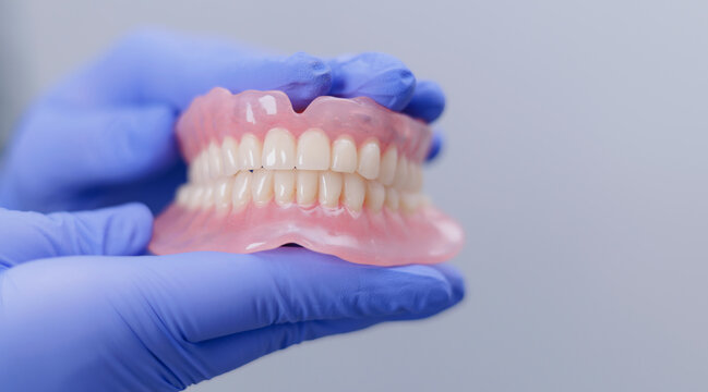Close-up of gloved hands holding dental dentures against plain background