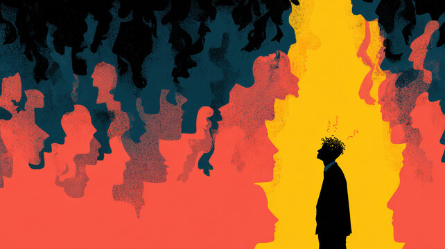 Solitary Figure Crowd Silhouette Individuality Conformity Loneliness Concept Art Illustration Yellow Red Dark