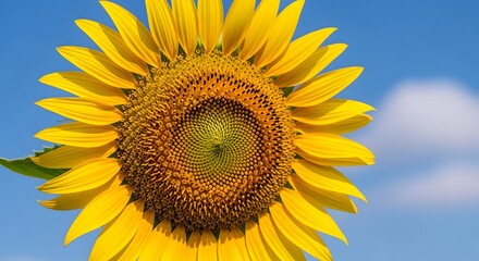 Obraz premium A close-up shot of a vibrant sunflower with bright yellow petals against a clear blue sky.