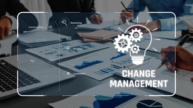 This image illustrates a collaborative change management process, featuring business charts and icons for effective planning and implementation in a modern office environment. Raster