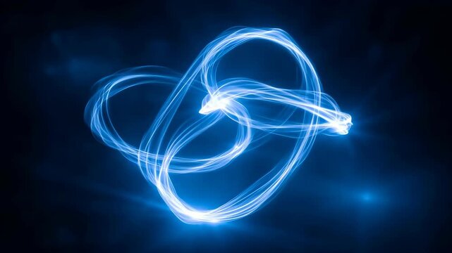 Abstract Blue Energy Knot With Swirling Plasma Trails. Glowing electric filaments weave complex luminous patterns. Radiant neon streaks intersect within dark void, creating mysterious atmosphere.