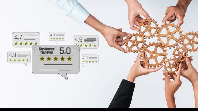 A visual representation of collaboration featuring multiple hands holding interlocking gears alongside customer review ratings, symbolizing teamwork and performance improvement. Raster