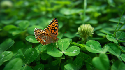 beautiful orange butterfly resting on fresh green clover leaves 