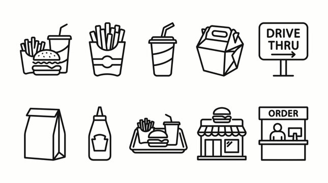 A transparent PNG collection showcasing simple line art icons of fast food meals, drive thru signs, and restaurant takeout services