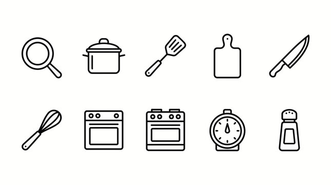 A comprehensive set of simple outline kitchen tools, cooking utensils, and appliances, presented transparently and isolated for various design uses
